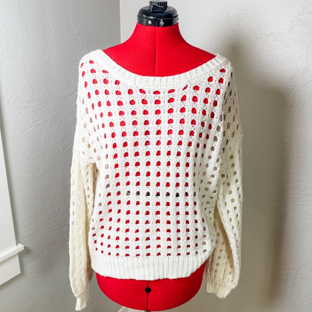 Savvi Ivory Open Knit Sweater Cotton Blend Pullover Size M